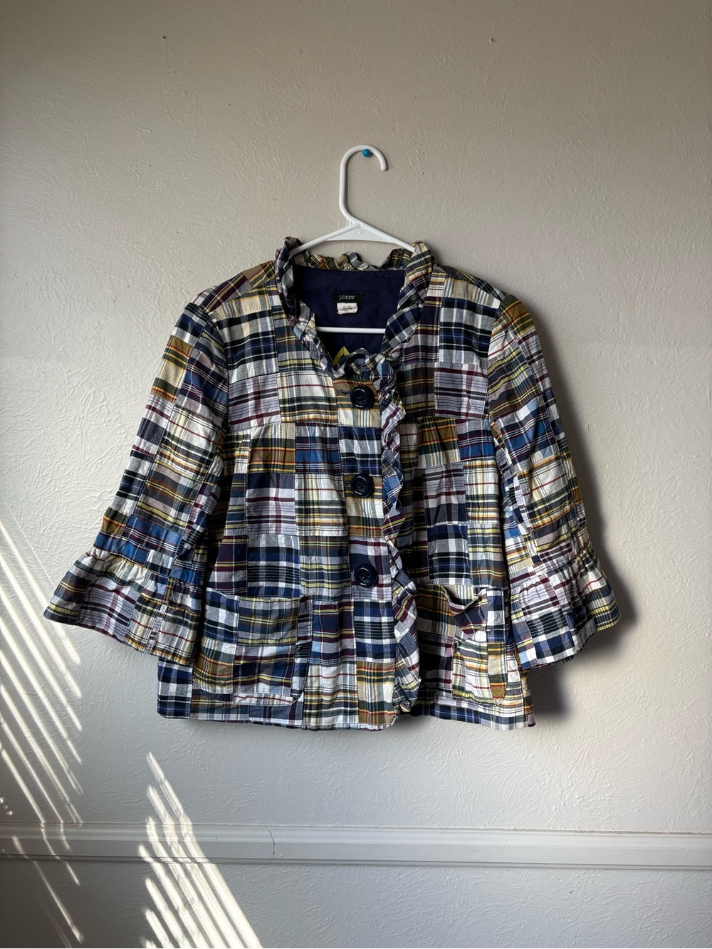 J. Crew Multicolor Plaid Ruffle-Trim Blazer